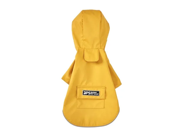 A yellow hooded dog raincoat