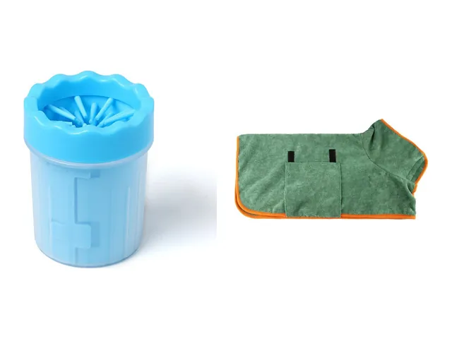 A blue silicone paw-washer cup beside a green hooded microfibre dog drying robe